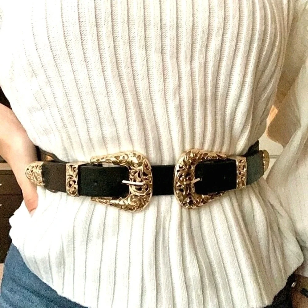 Western Black Double Buckle wide Waist Belt Faux leather Gold Boho Statement